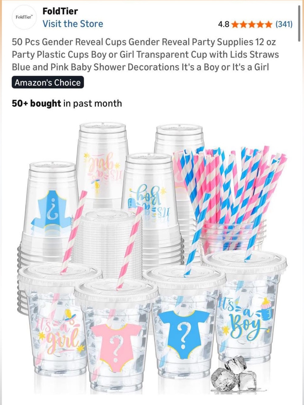 Gender Reveal Plastic Cups with Lids & Straws - Pink & Blue